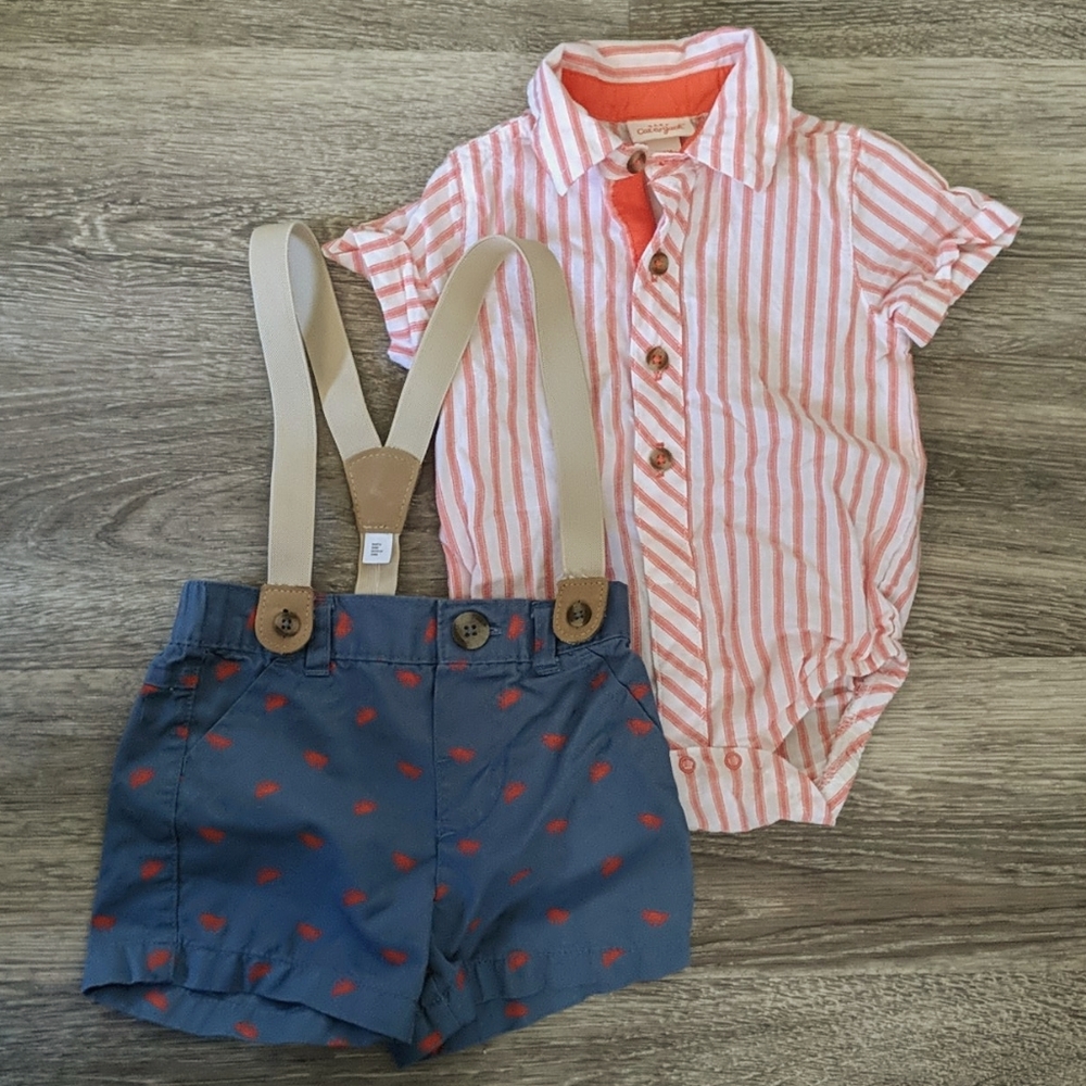 Button striped onsie, crab shorts with suspenders